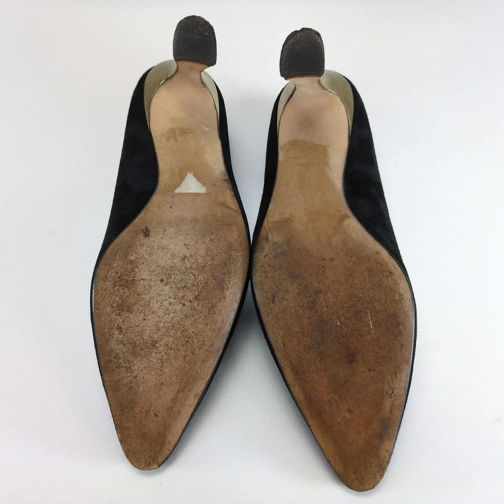 Vintage Bally Chiffon Black Suede Pumps Womens 8 Gold Trim 3